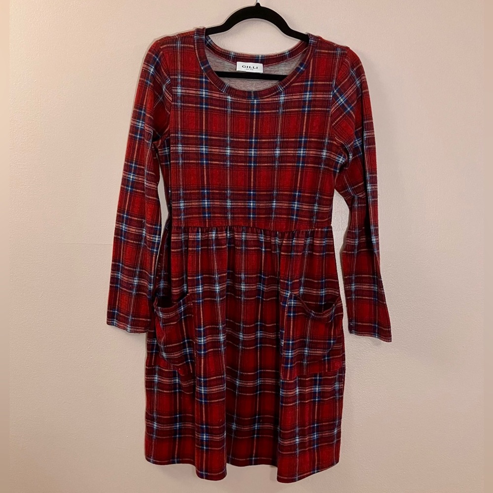 Red plaid fit & flare dress ▪️ stretch fabric elastic waist pockets comfy size L